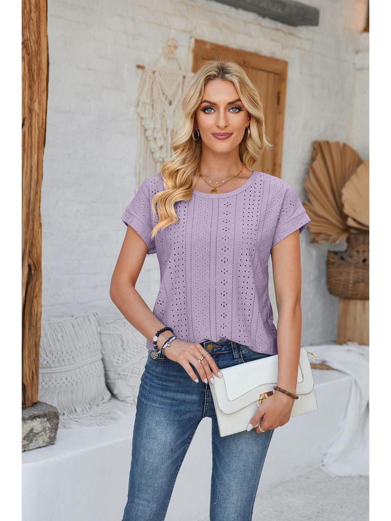 Spring & Summer Women's Loose Round Neck Eyelet Lace T-shirt