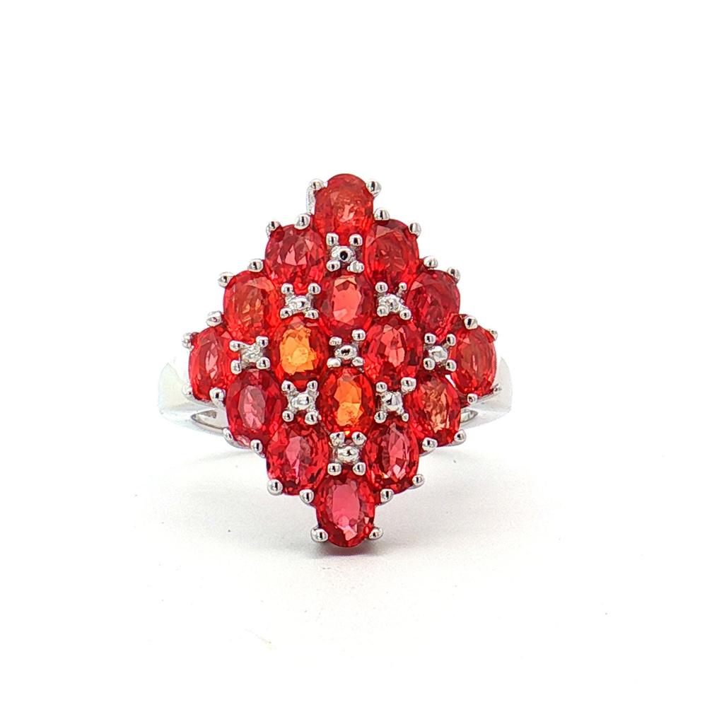 Orange Sapphire Oval Gemstone Band Ring, Rhodium Plated Sterling Silver Stackable Ring