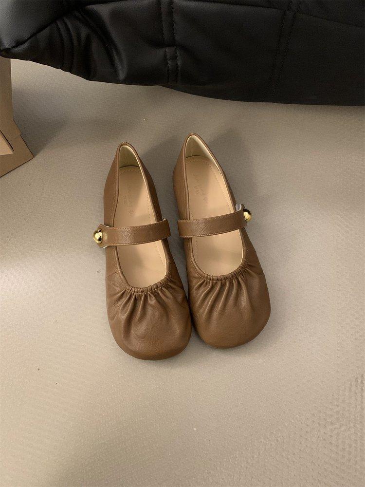 Design sense pleated round head Mary Jane single shoes women's summer 2025 new shallow mouth word with flat bottom commuter ladyshoes