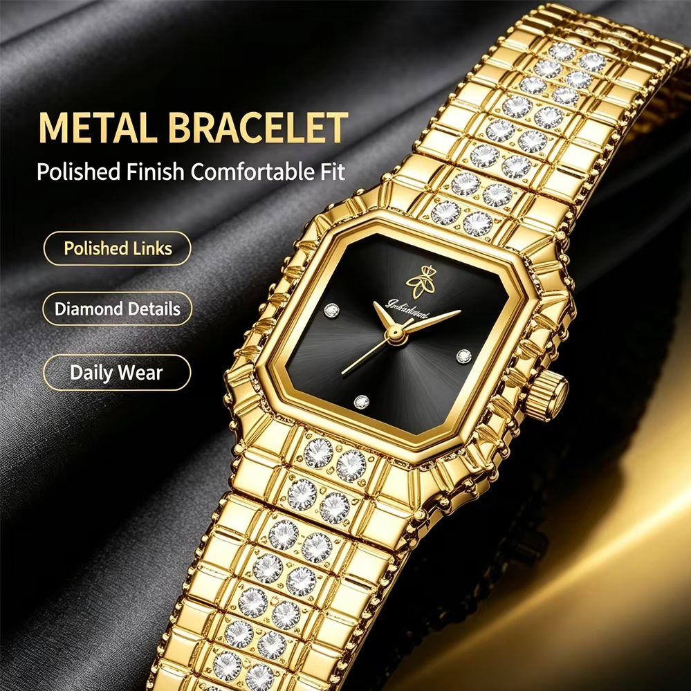 YaLaLuSi Ladies Shiny Diamond Encrusted Gold Bracelet Watch Luxury Fashion Watch Box Set