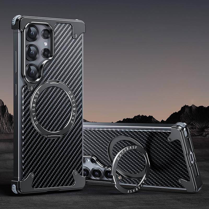 For Samsung Galaxy S25 Ultra Phone Cover Frameless Shockproof Carbon Fiber Aluminum Alloy Wireless Charge Magnetic Bracket Back Case