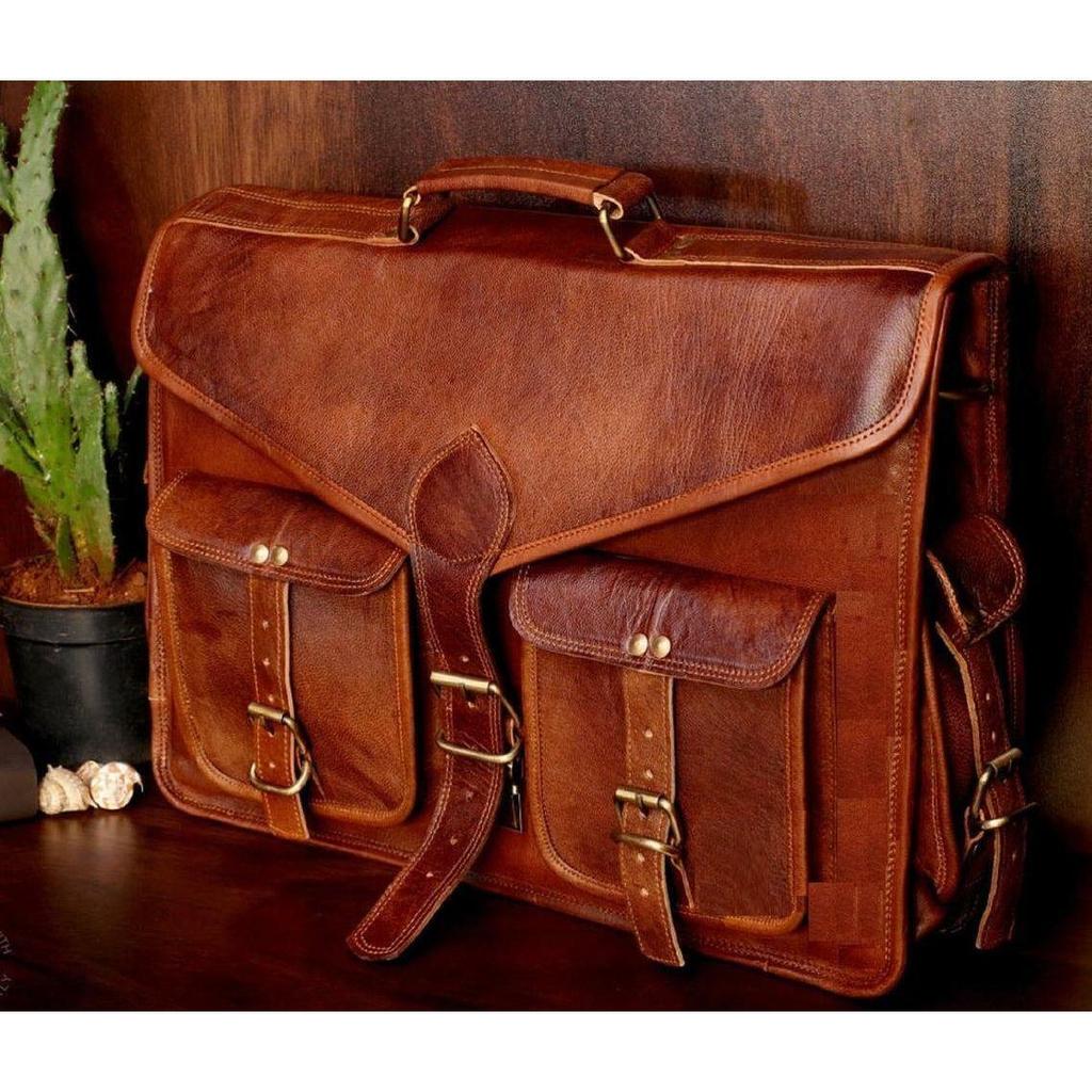 Echte Vintage Braun Leder Messenger Schulter Laptop Tasche Aktentasche Herren