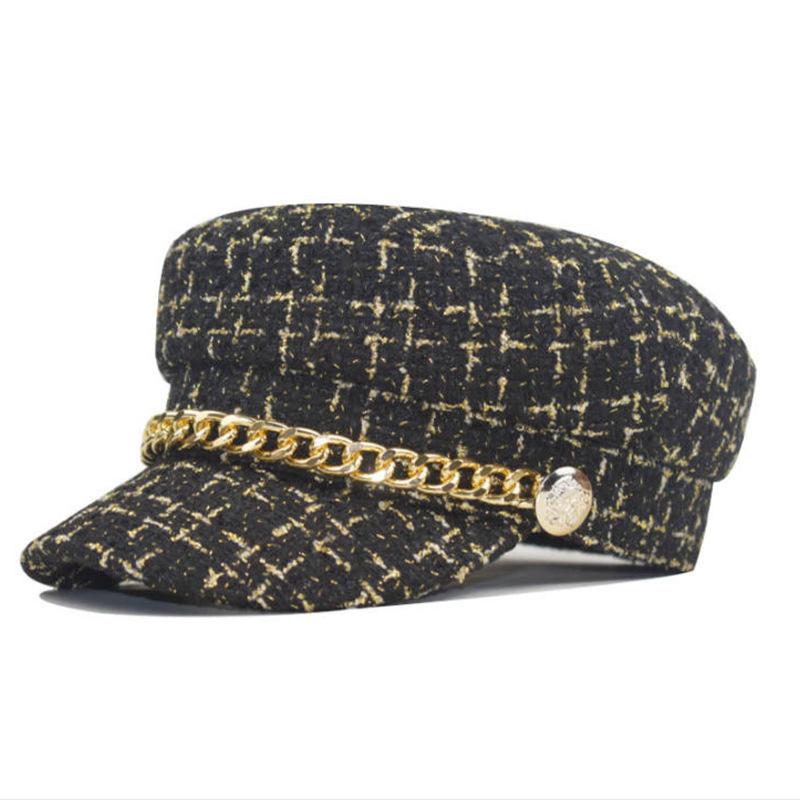 Women S Octagonal Beret Tweed Chain Vintage Style