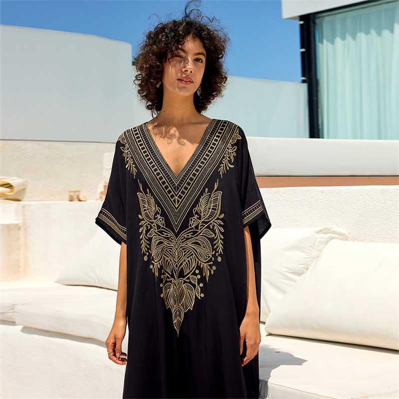 EDOLYNSA Chic Gold Thread Embroidered Plus Size Black Kaftan V Neck Dress 2024 Women Summer Beachwear Swimsuit Cover Up Loose Caftan Q1685
