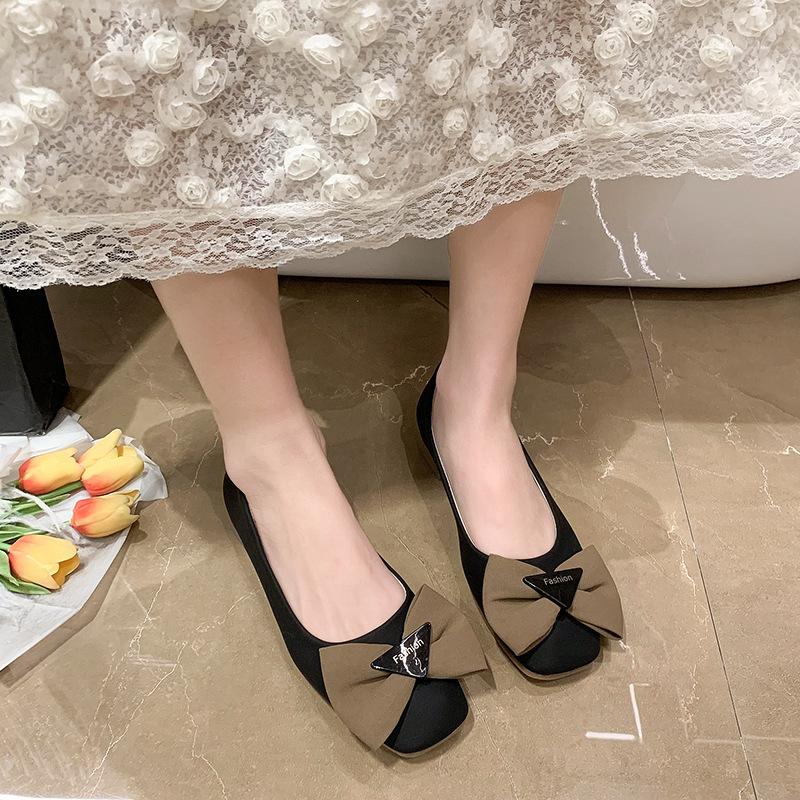 Doudou shoes women's spring new bow soft leather single shoes women's fashion shoes shallow mouth square head fashion Mary Jane shoes