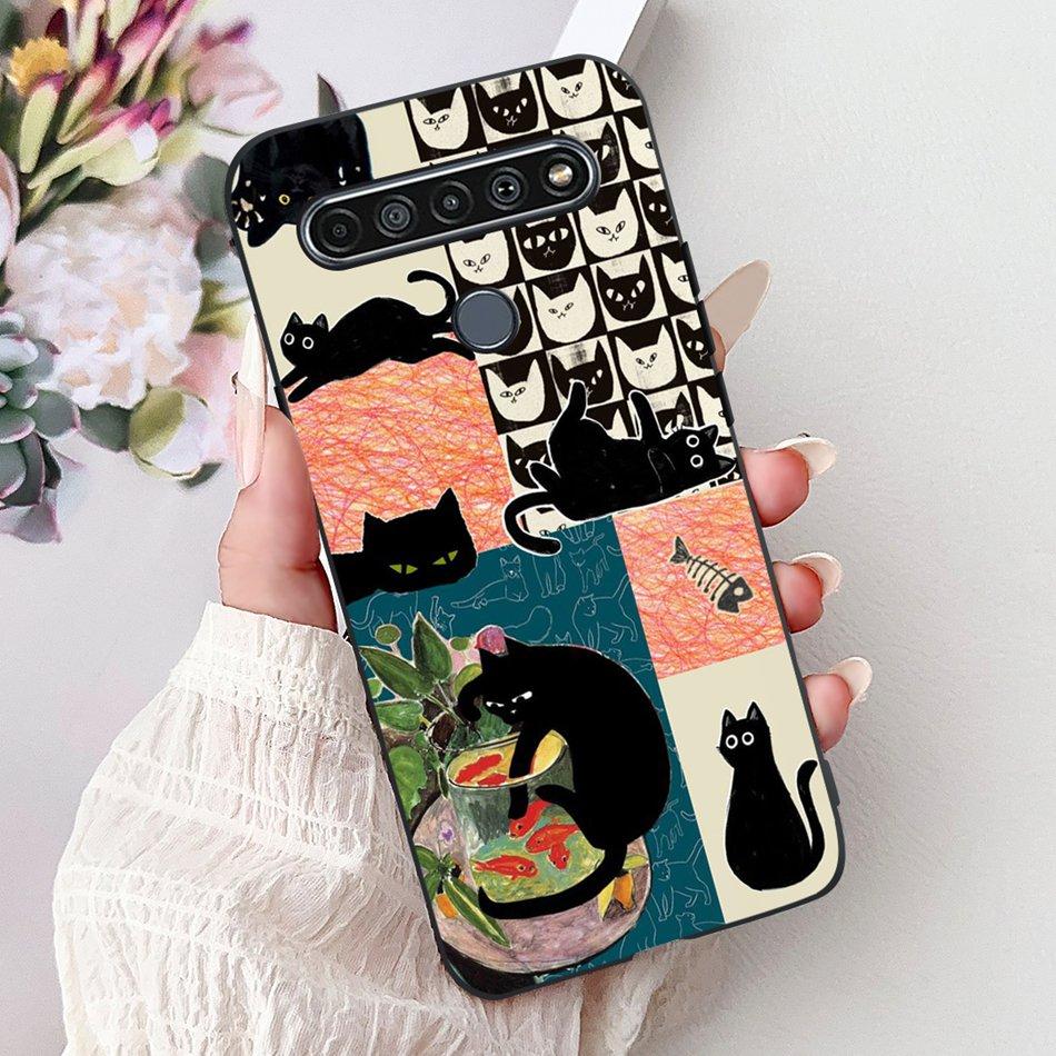 For LG K41S K51S 2020 Elegant Floral Cat Printed Phone Case For LG K41S K51S LM-K410 LM-K510 Black Silicone Soft Cases