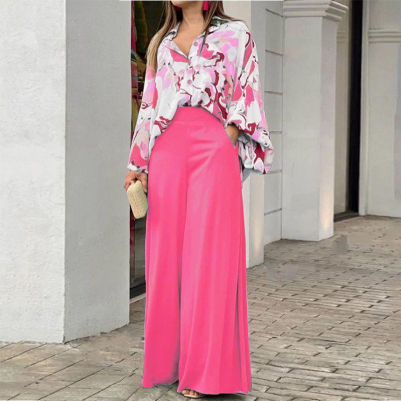 Casual Two Piece Sets Women Loose Casual Print Shirt Tops Loose Pants Two-piece Set