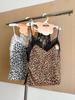 Leopard Print Lace Patchwork Spaghetti Strap Halter Top with Built-in Bra