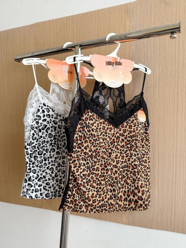 Leopard Print Lace Patchwork Spaghetti Strap Halter Top with Built-in Bra