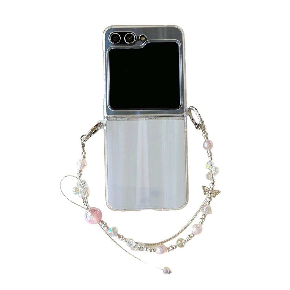 Luxury Glitter Pearl Lanyard Chain Phone Case For Samsung Galaxy Z Flip 6 5 4 3 Flip5 5G Shining Back Card Cover For ZFlip3 Flip