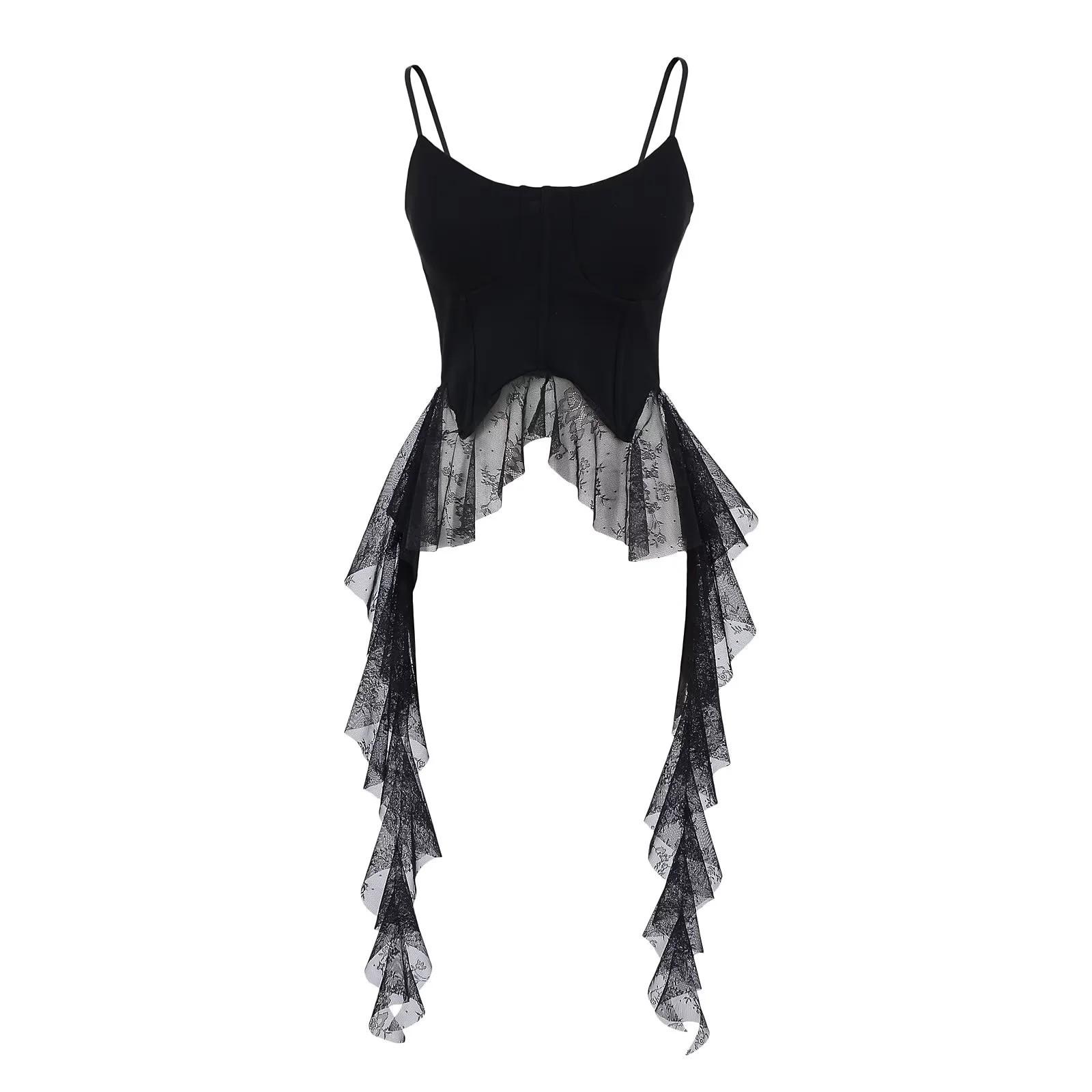 

French Ruffle Cami Tank: 2025 Spring/Summer Slimming Lace Outerwear Medium чёрный