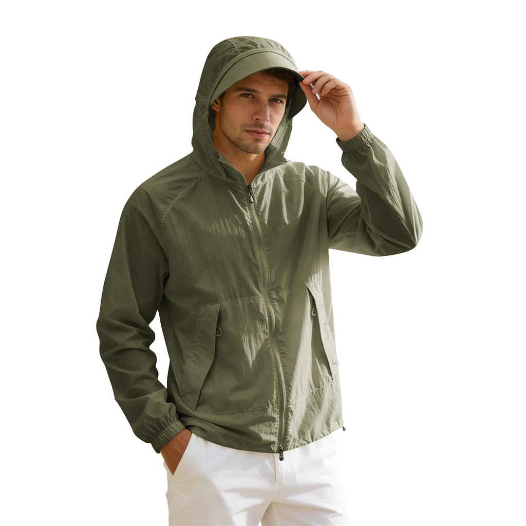 Giacca Antivento Leggera con Cappuccio da Uomo con Chiusura a Zip e Coulisse Regolabile