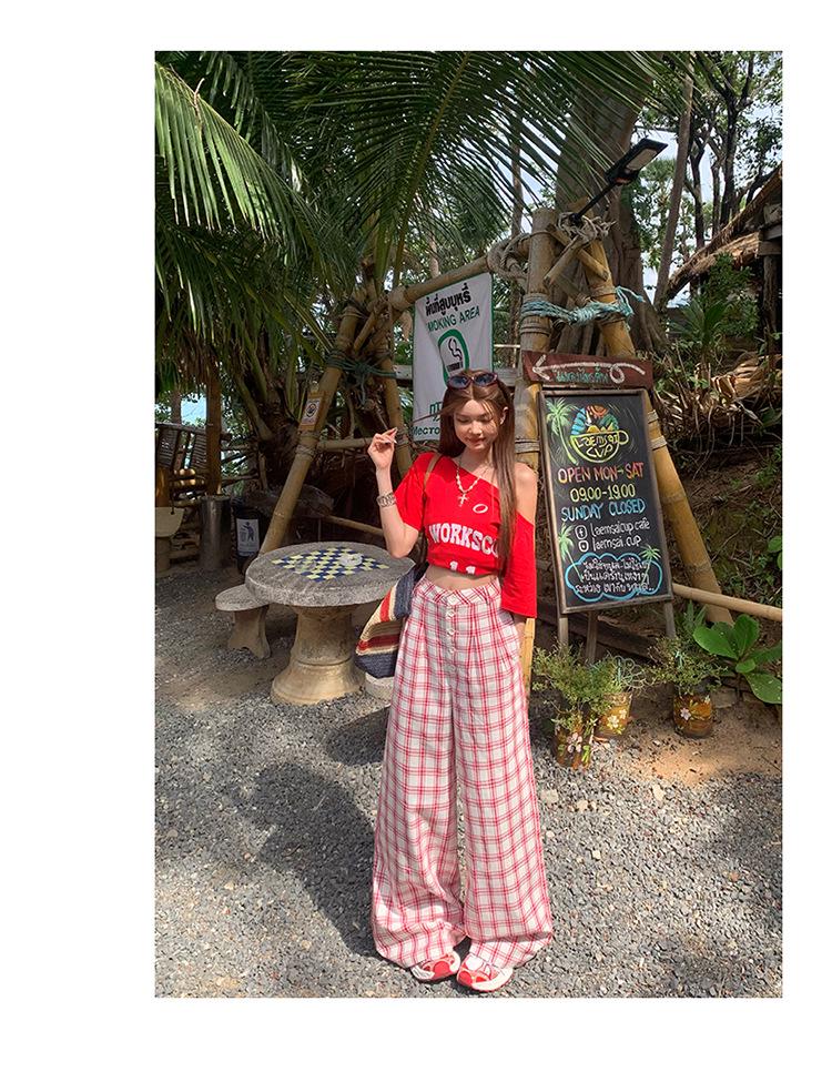 Women's Spring Plaid High-Waist Wide-Leg Pants - Casual, Loose, Floor-Length