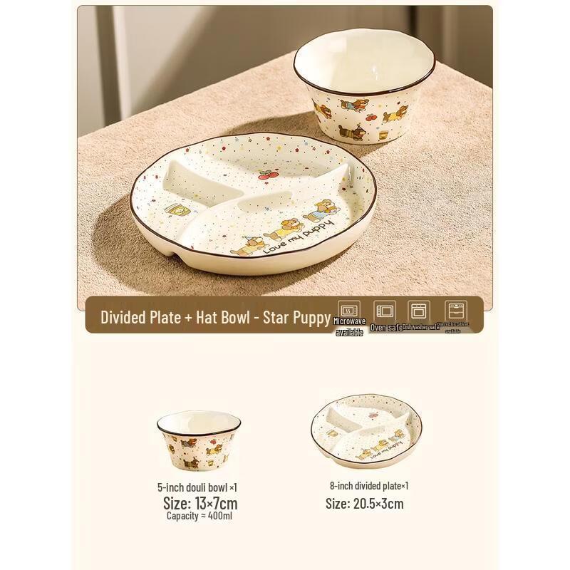 HANDUNYOU Dachshund Puppy Divided Breakfast Plate Set