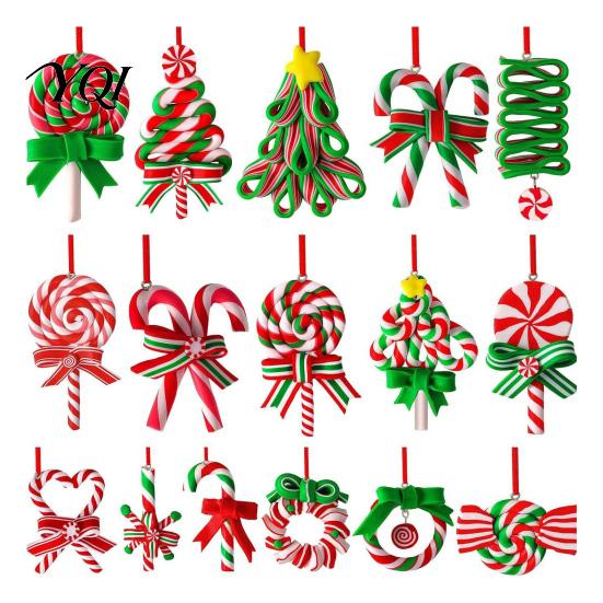 Wooden Christmas Tree Pendants 16 Pcs Lollipop Ornaments, Red Green Striped Peppermint Swirl Candy Cane Hanging Decorations Decoration, Colorful