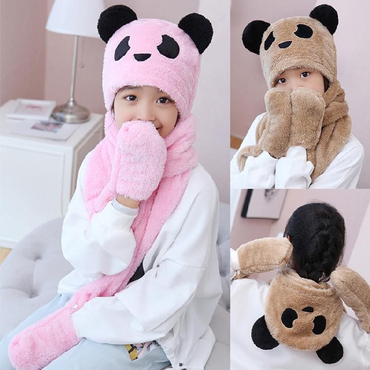 Kapuzenschal Mütze Nackenwärmer mit Tasche Fäustlinge Panda Ohren Kinder Plüsch Ohrenklappenmütze