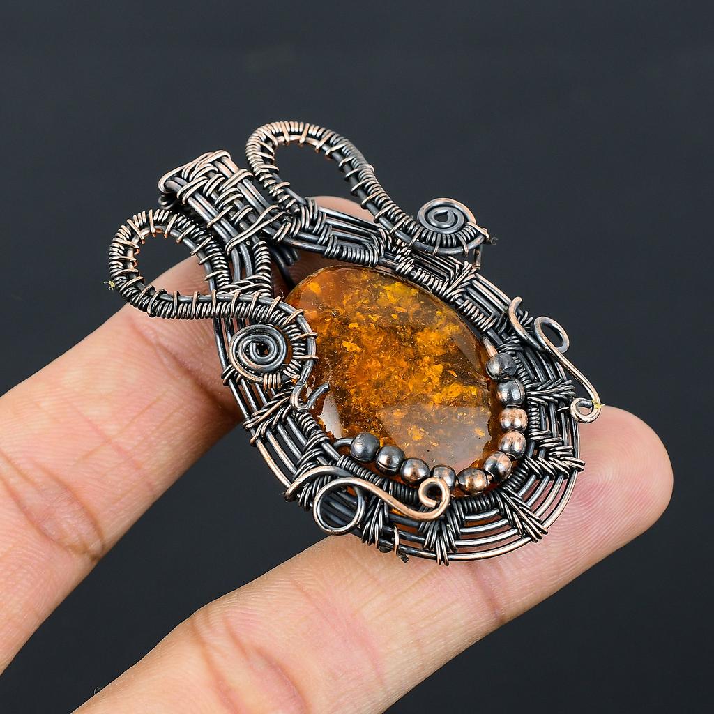 Natural Baltic Amber Gemstone Handmade Copper Wire Wrap Pendant 2.36" l2O86