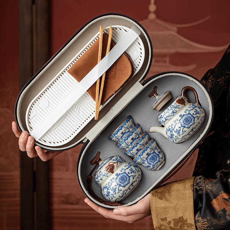 Ru Ware Blue and White Lotus Travel Tea Set