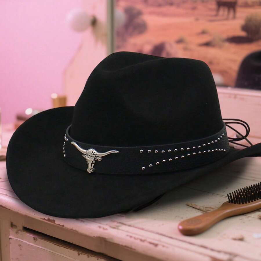 Zealous Sole Women's Ginger Unisex Western Cowgirl Hat Wide Brim Bull Head Decor Felt Fedora For Daily Party Cm