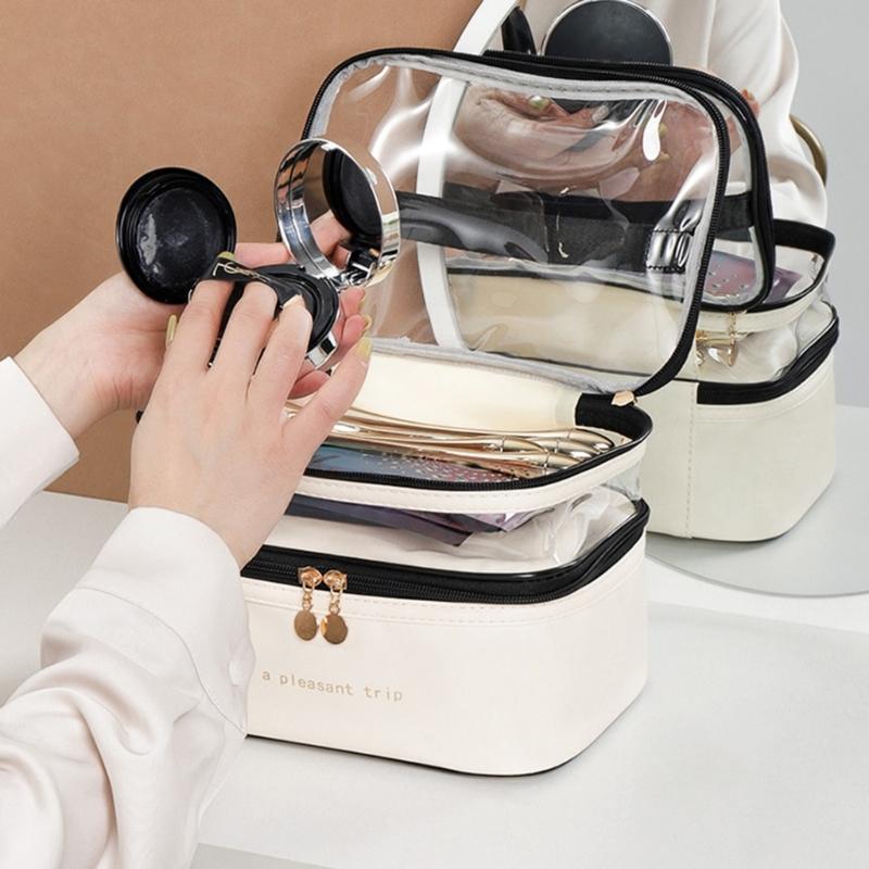 Simple Double Layer Cosmetic Pouches Versatile Makeup Container Bag with Double Layer Designs for Office and Vacation