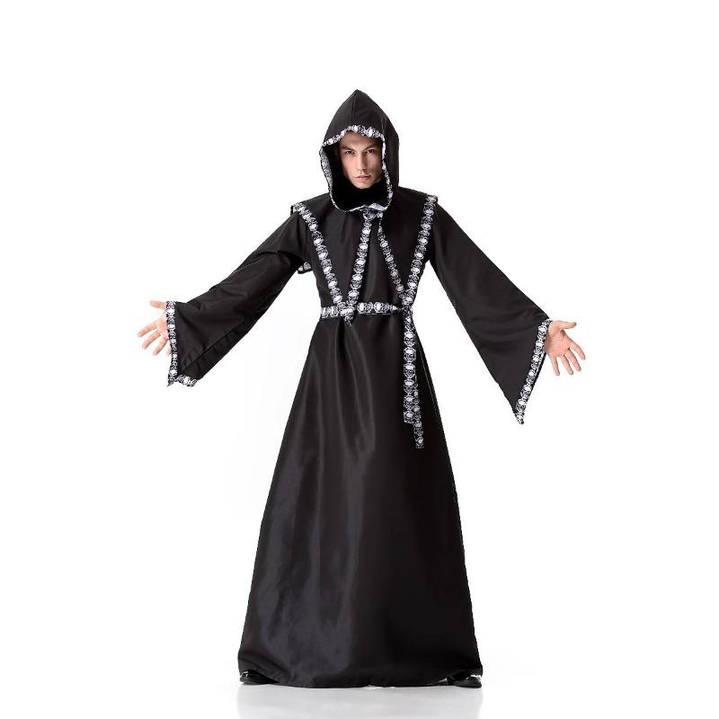 Halloween Adult Vampire Medieval Reaper Black Dark Wizard Robe Dress Up Costume