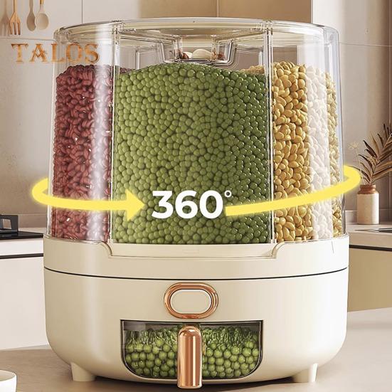360-Degree Rotating Cereal Dispenser Rice Container with Lid Large Capacity Multiple Compartments Grain Storage Organizer