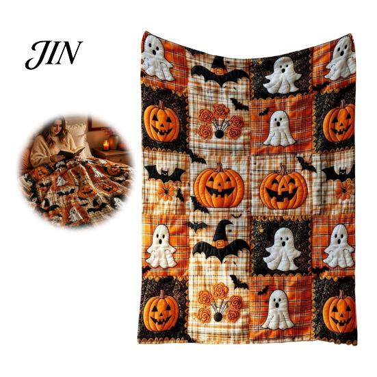 Soft Pumpkin Bat Print Bed Cover & Throw Blanket, Halloween Cozy Flannel Decorative Bedding Plaid for Couch Sofa Bed, Fall Home Decor