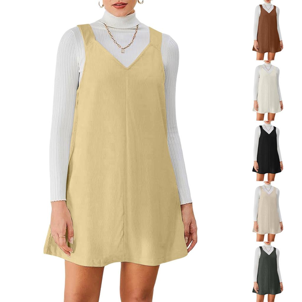 Ladies' Loose Casual Slimming V-neck Color Corduroy Fashionable Shoulder Strap Skirt