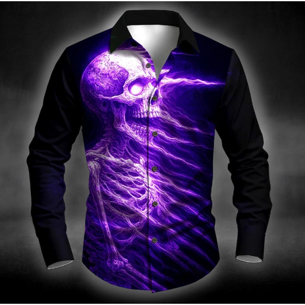 Men's Skeleton Printed Long Sleeve Shirts Casual Cardigan New Button Holiday Fashion Shirts