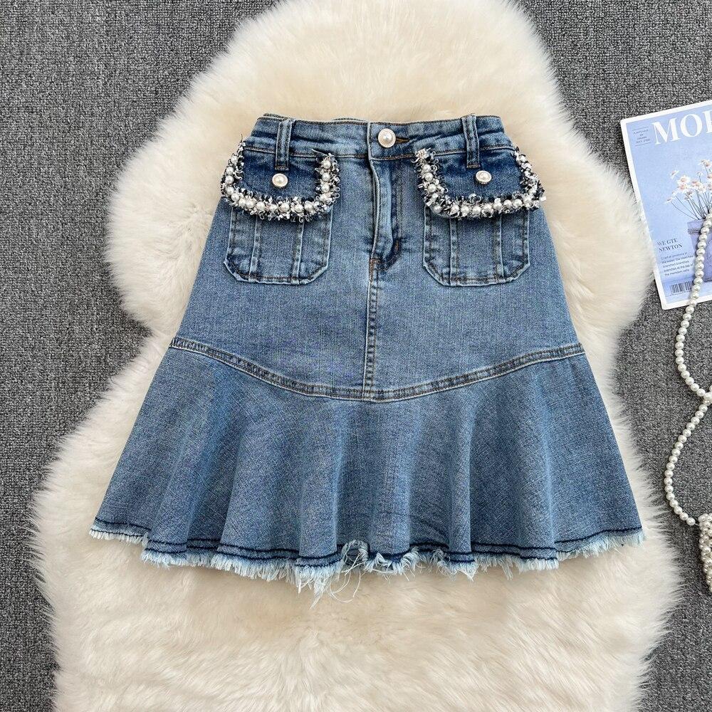 Summer Commuter Korean Fashion Girl High Waist Denim Skirt Slim Pleated A-Shaped Fishtail Skirt