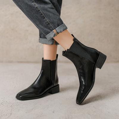 Autumn and Winter Women's Medium Boots Low Heel Round Head Square Heel Sleeve Women's Boots Comfortable Large Size Leather Boots Korean Version Med