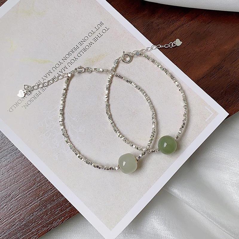 Girls' Crushed Silver & Hetian Jade Bracelet: Elegant Chinese Style, Luxurious & Versatile High-End Accessory