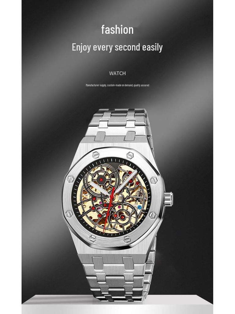 Men's Luxury Stainless Steel Skeleton Mechanical Watch with Large Dial, Fully Automatic Design