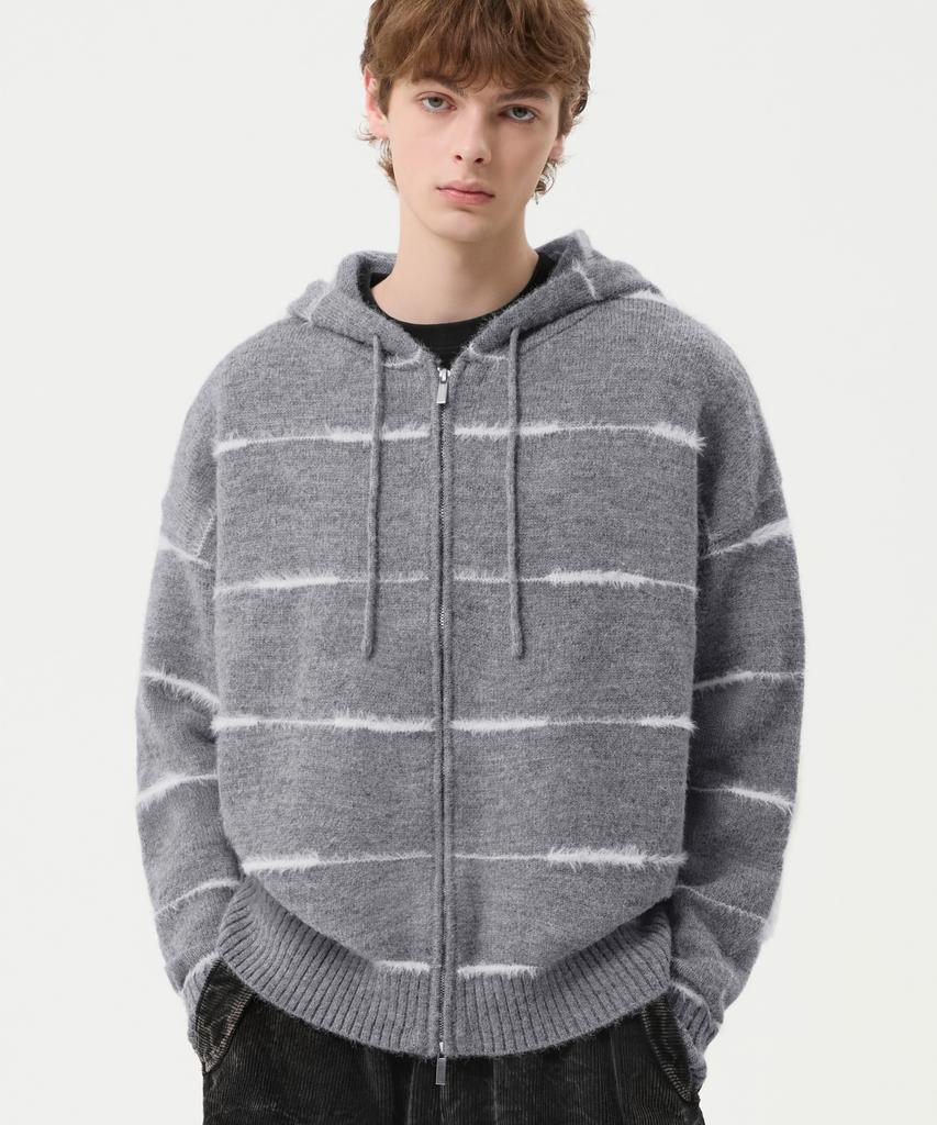 TRILLION Washable Wool Hairy Stripe Hooded Zip-Up Knit_Melange Gray