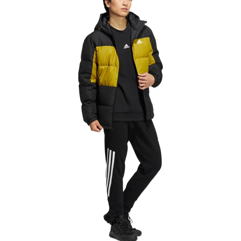 Adidas Color-Block Logo Print Zip Hooded Down Jacket Men Outerwear Black HN4407