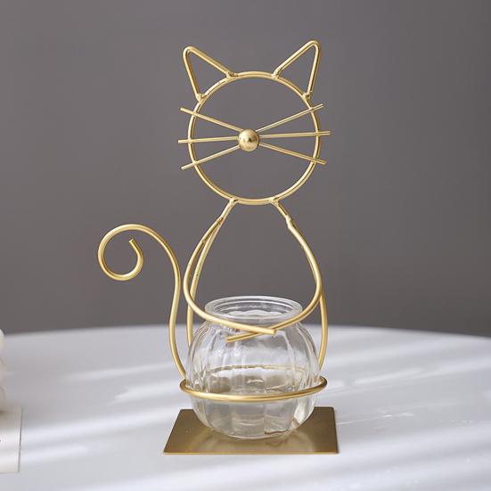 Decorative Ornament, Cat-Shaped Rust-Proof Iron Bracket with Transparent Glass Vase for Hydroponic Plants Desktop Decoration