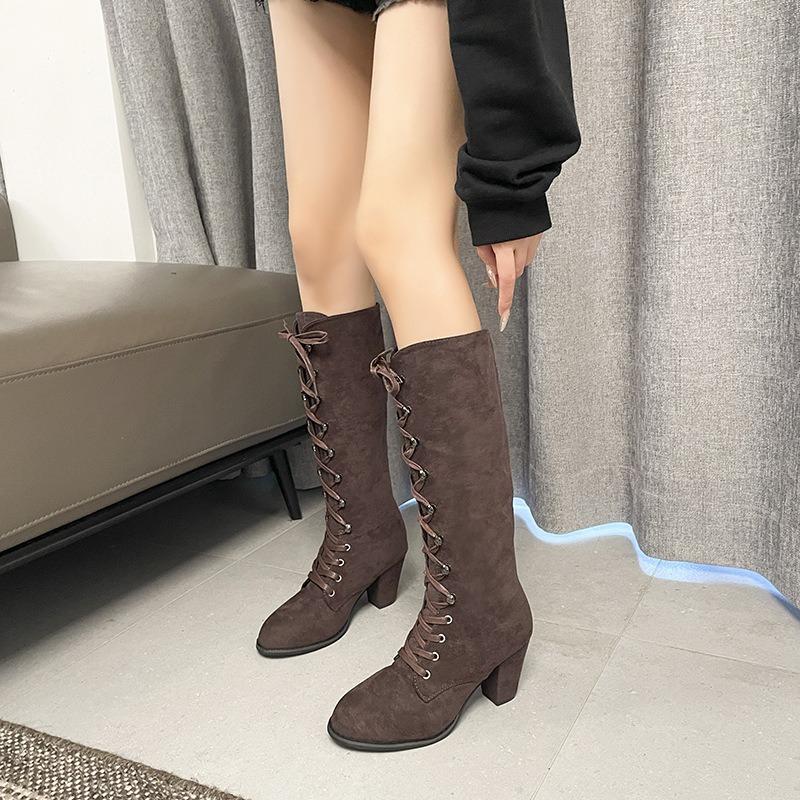 Dámské boty na středním podpatku široké šířky, kulatá špička, šněrovací kotníkové boty se zkříženým šněrováním, evropský styl, robustní podpatky pro ženy