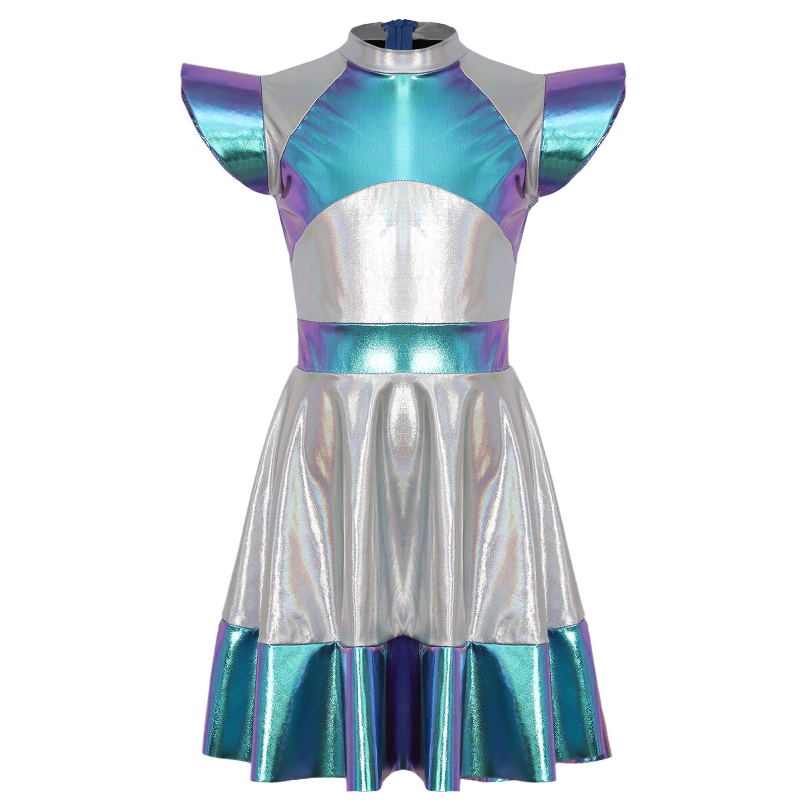 

Костюм інопланетянки для косплею для дівчинки, сукня з короткими рукавами, глянцева металізована, з кольоровими блоками, плаття для вечірки для рольових ігор на космічну тематику 9-10 Years синій