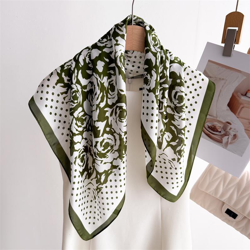 Polka Dot Rose Print Silk Scarf Square Scarf High-End Shawl Professional Versatile Neck Small Square Scarf Headscarf