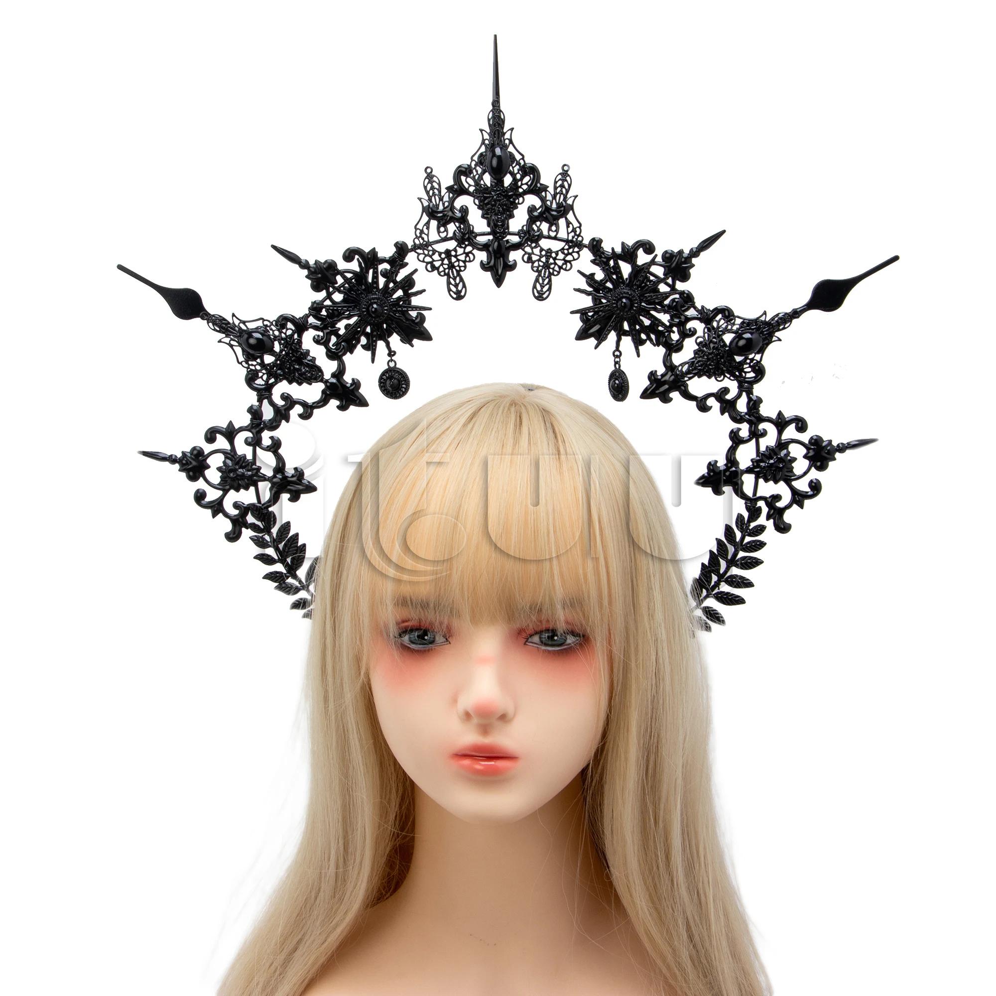 

Handmade Gothic Lolita Pearl Sun Virgin Cross Crown Punk Headpiece Black Spiked KC Halo Headband