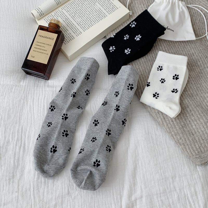 Women's Cartoon Pattern Cat Paw Print Cotton Socks, Trendy Mid-calf Socks, School Style, Versatile and Simple Dog Paw Socks
