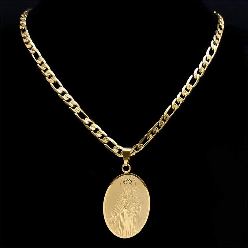 Oval Pendant Necklace for Women and Men Gold Plated Stainless Steel Clavicle Chain Adjustable Neckchain Catholic Jewelry