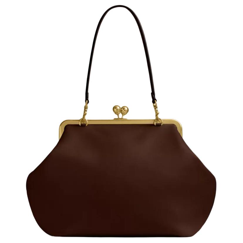 COACH Kisslock Leather Clutch Handbag Large Women's Dark Brown CBR51-B4DB