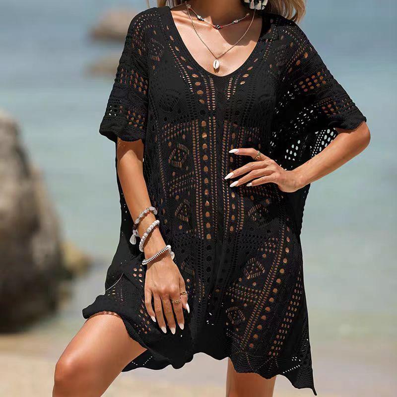 Short Sleeve Plus Size Knitted Sexy Hollow New In Dresses for Women Casual Loose Mini Summer Beach Dress