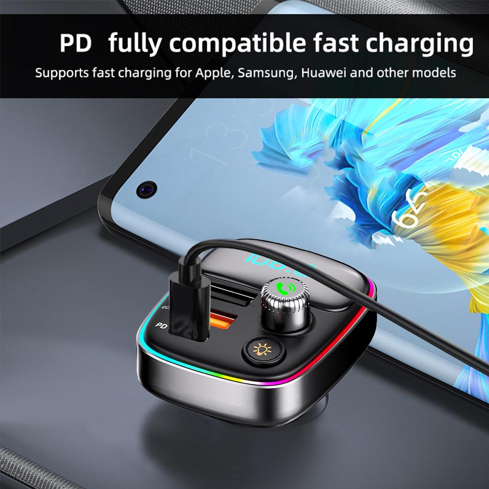 Bluetooth 5.3 FM Transmitter Car Charger Car Radio Modulator MP3 Player with 36W PD QC3.0  Quick Charge Adapter Colorful Lights