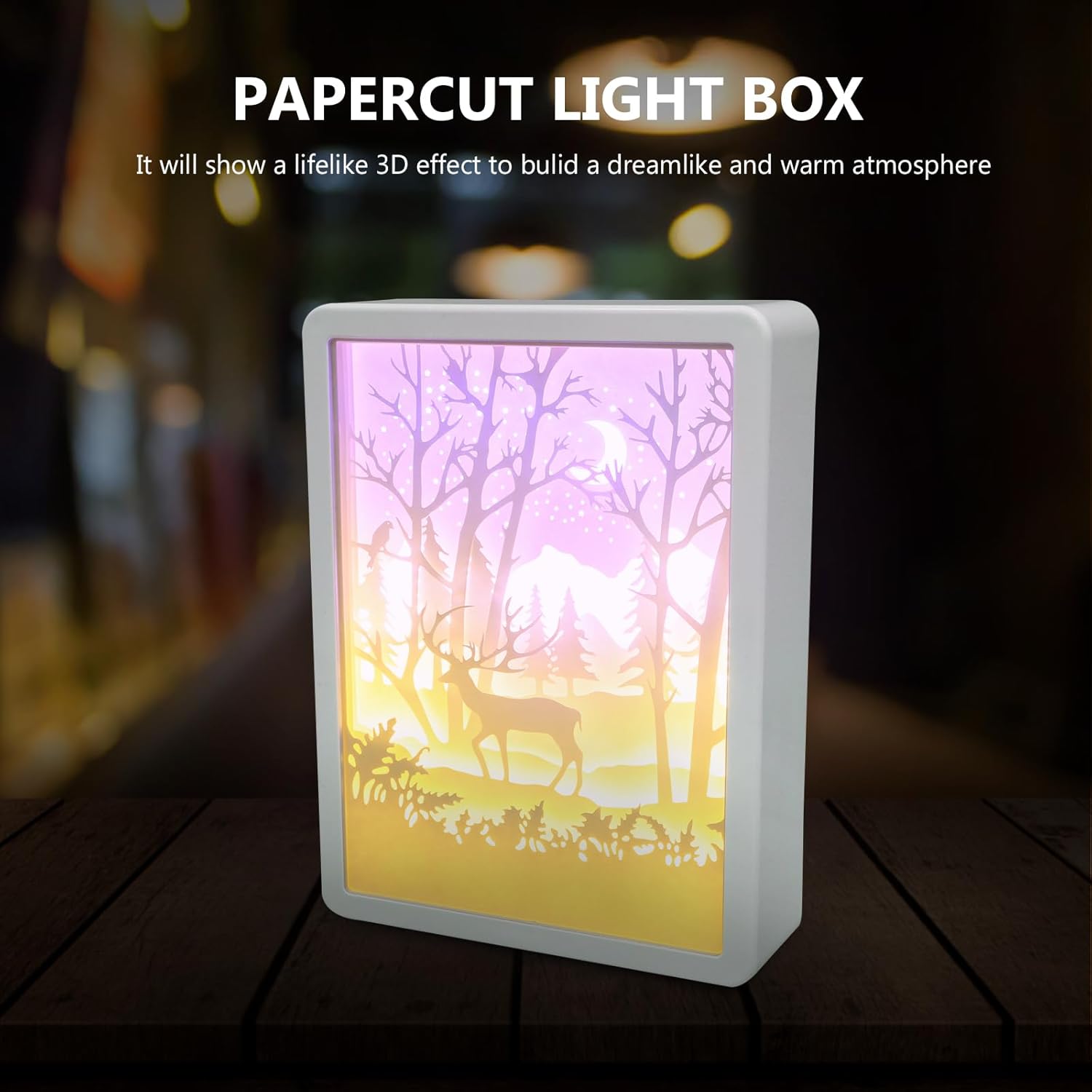 Uonlytech Forest Deer Papercut Light Box Decorative 3D Shadow Light LED Lamp Night Light for Christmas Gift