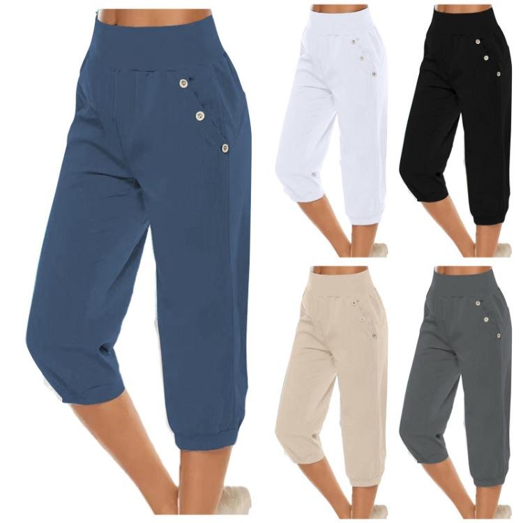 

Women High Waist Cotton Hemp Casual Pants Solid Color Breathable Thin 7 Points Trousers Leg Corset S сірий колір
