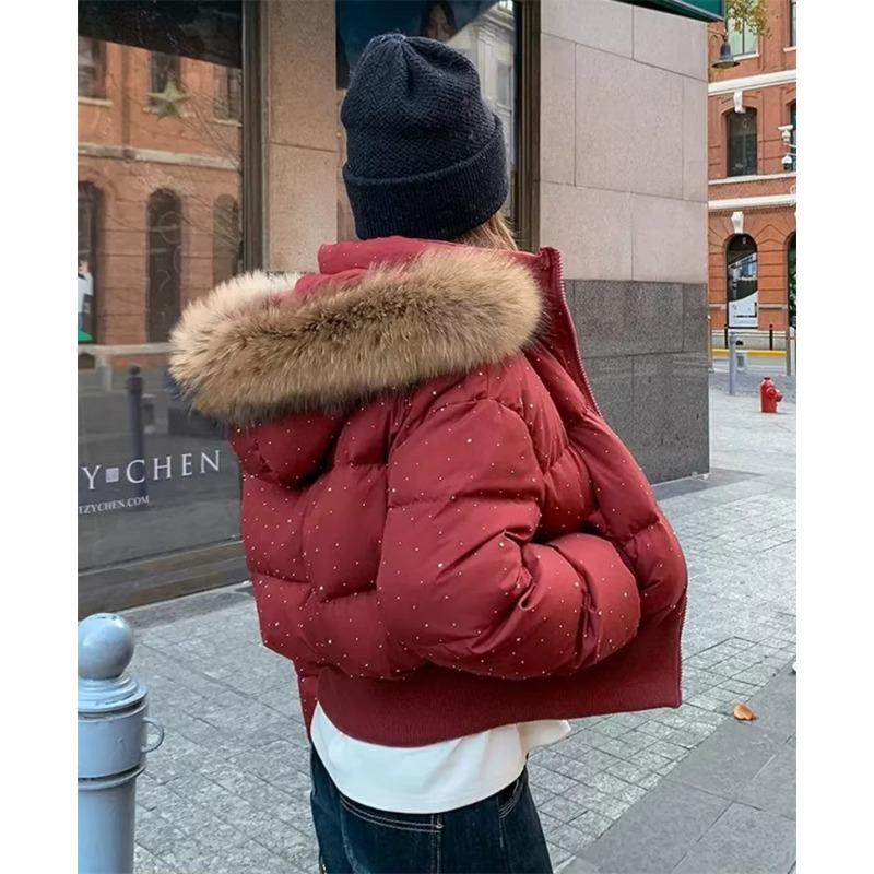 Winter Fur Collar Hooded Padded Short Coat Women Shiny Rhinestone Puffer Jacket Casual Zip Up Outerwear