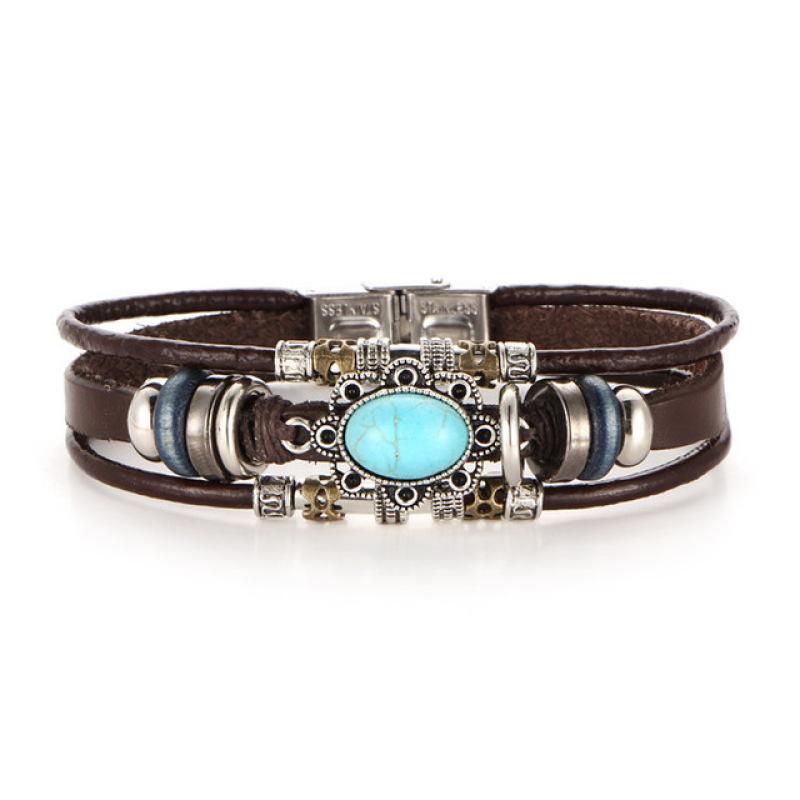 RUI RUI YU Men Women Retro Oval Turquoise Artificial Leather Bracelet