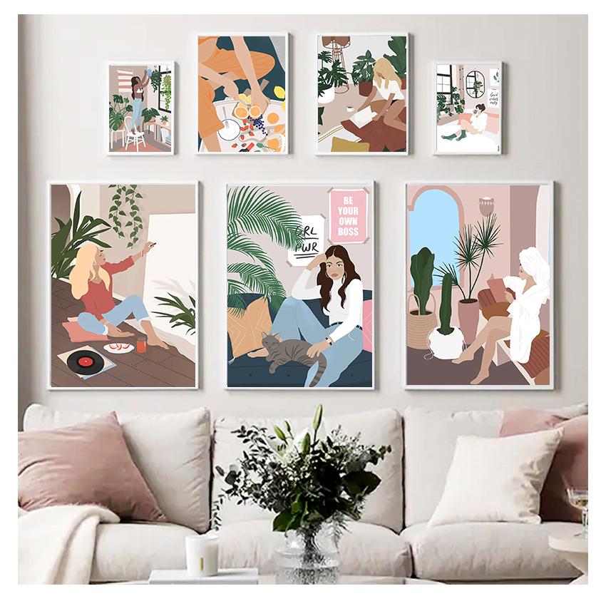 

Иллюстрация Плакаты на скандинавскую тему и принты, настенная живопись на холсте, настенная картина для декора гостиной, абстрактная мода, винтажная девушка